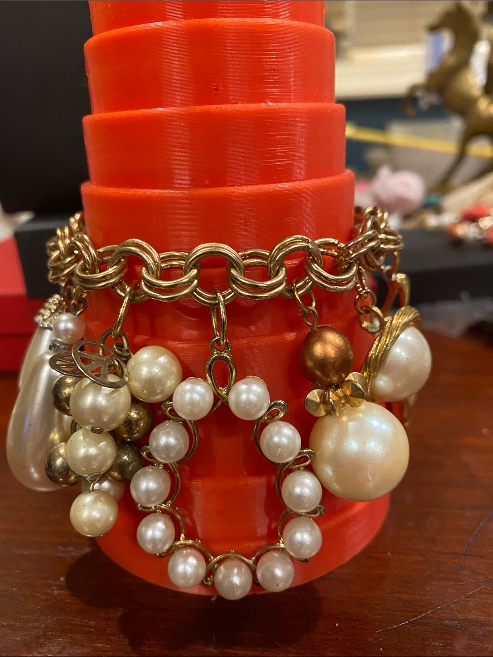 Repurposed Gold-Tone Pearl Charm Bracelet - Elegant Women’s Jewelry